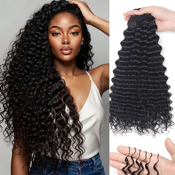 Pre Looped mänskligt virkat hår djup våg fjädrar virkat hår